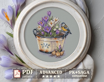 Crocus Cross Stitch Pattern, Spring Flowers with Bird, Floral Cottagecore Design, Garden Flower Pot, Nature Embroidery PDF Pattern