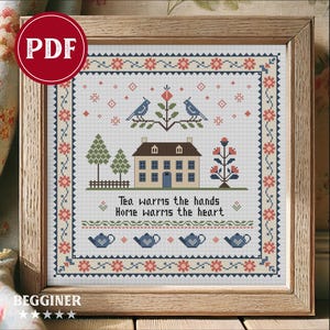 Tea House Cross Stitch Sampler PDF | Cozy Vintage Embroidery | Instant Download