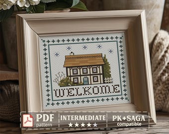 Welcome House Cross Stitch Pattern, Primitive Farmhouse Sampler (PDF Pattern)
