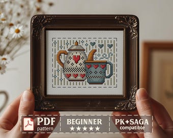 Tea Cross Stitch Pattern PDF, Teapot Mug Design, Mini Embroidery, Kitchen Decor, Beginner Friendly