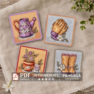 May include: Four square cross-stitch patterns featuring gardening themes: a purple watering can, tan gardening gloves, a potted plant, and yellow rain boots. The text reads PDF INTERMEDIATE PK+SAGA compatible with a PDF icon and five stars.