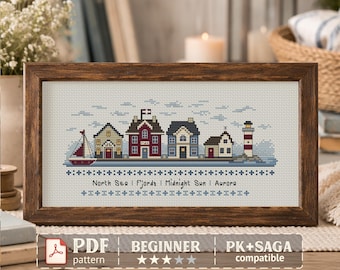 Nordic Cross Stitch Pattern PDF, Seaside Village Sampler, Lighthouse Harbor Scene, Fjord Landscape