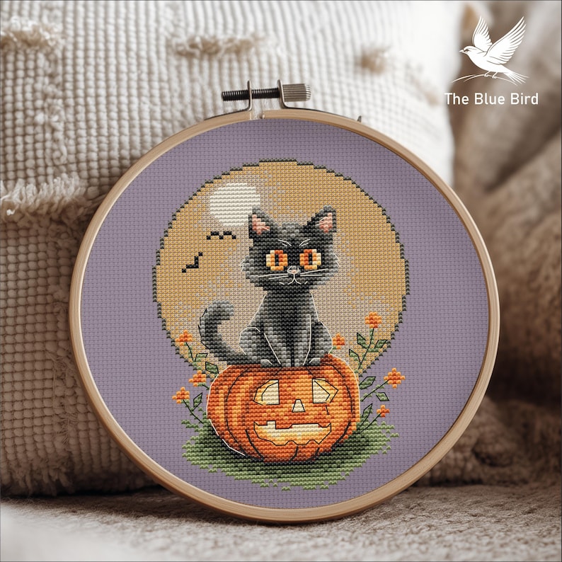 Halloween Black Cat Cross Stitch Pattern | Pumpkin & Moon Sampler ...