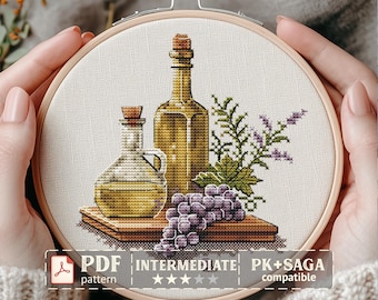 Olive Oil and Grapes Cross Stitch Pattern, Mediterranean Kitchen (PDF)
