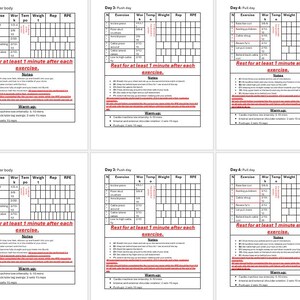 Puede incluir: Un plan de entrenamiento imprimible con un diseño de cuadrícula en blanco y negro. El plan incluye un horario semanal para un día de piernas, de empuje, de tracción y de piernas. Cada día incluye una lista de ejercicios, series, repeticiones, peso y tiempo de descanso. El texto "Descansa al menos 1 minuto después de cada ejercicio." se repite en cada día.