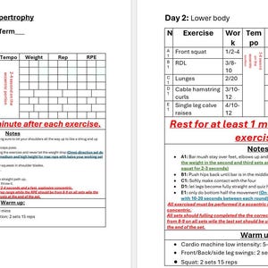 Puede incluir: Un plan de entrenamiento en blanco y negro para la hipertrofia, con dos páginas. La primera página se titula "Semana 1: Día 1: Parte superior del cuerpo" y enumera ejercicios como "Face Pulls", "Bent-over Cable Fly", "Cable Row", "Triceps Press", "Triceps Extensions", "Military Press" y "Supinated Bicep Curls". La segunda página se titula "Día 2: Parte inferior del cuerpo" y enumera ejercicios como "Front Squat", "RDL", "Lunges", "Cable Hamstring Curls", "Single Leg Calf Raises" y "Descansa al menos 1 minuto después de cada ejercicio".