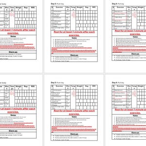 May include: A printable workout plan with a black and white grid layout. The plan includes a weekly schedule for a lower body, push, pull, and leg day. Each day includes a list of exercises, sets, reps, weight, and rest time. The text "Rest for at least 1 minute after each exercise." is repeated on each day.