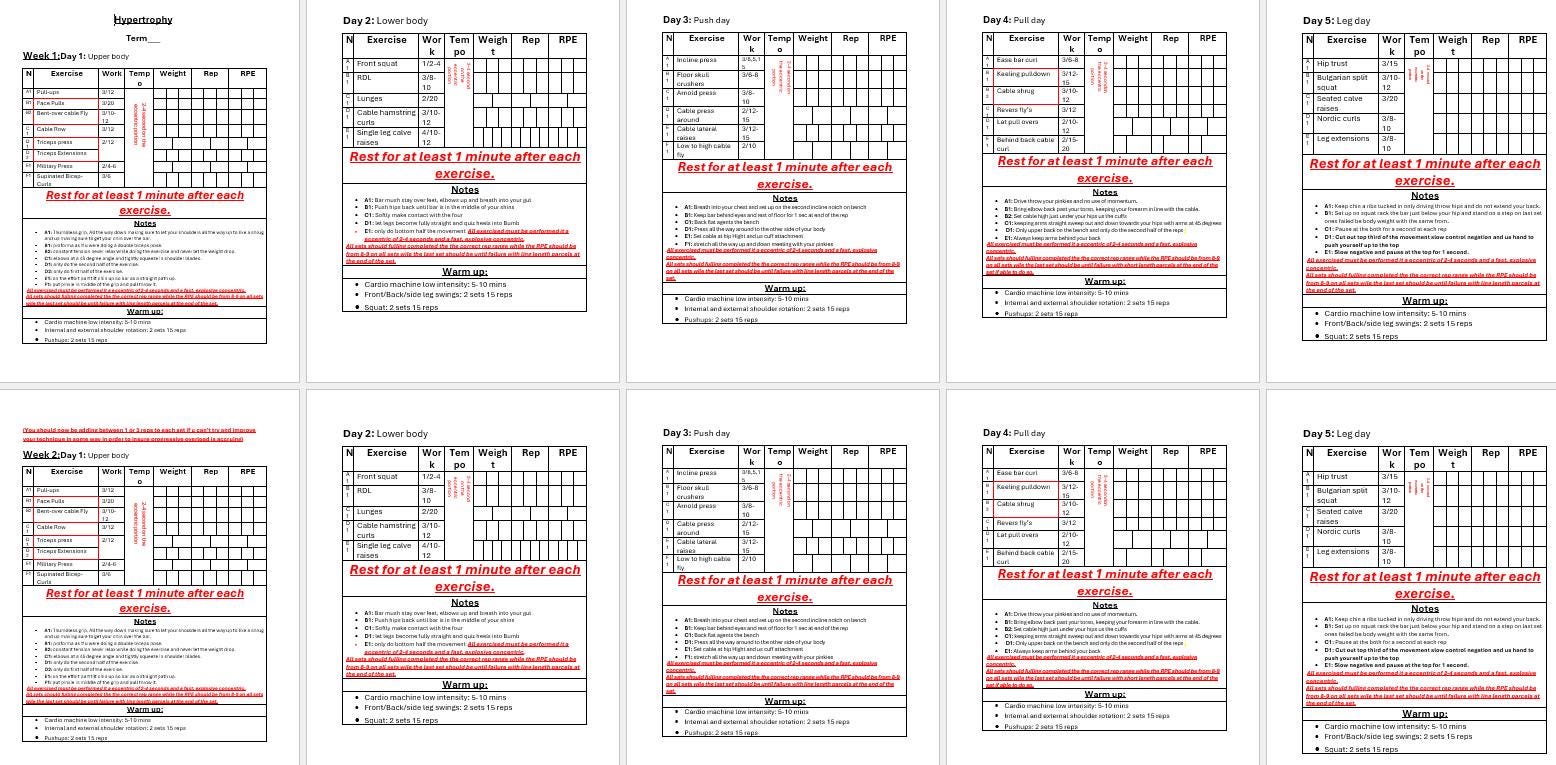 4 Week Hypertrophy Program [upper,lower,push,pull,legs](beginner) - Etsy
