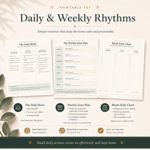 May include: A printable PDF set titled Daily & Weekly Rhythms featuring three documents: The Daily Reset, The Weekly Zone Plan, and a Blank Daily Chart. The pages contain checklists, schedules, and text in dark green font on a cream background.