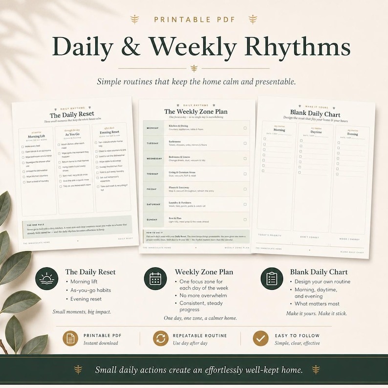 May include: A printable PDF set titled Daily & Weekly Rhythms featuring three documents: The Daily Reset, The Weekly Zone Plan, and a Blank Daily Chart. The pages contain checklists, schedules, and text in dark green font on a cream background.
