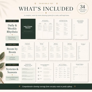 May include: A printable PDF cleaning system featuring 34 pages of checklists and planners. The set includes sections for Daily & Weekly Rhythms, Room by Room checklists for 14 rooms, and Systems & Seasons trackers with seasonal refreshers and yearly views.