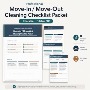 May include: A professional Move-In / Move-Out Cleaning Checklist Packet in a printable and fillable PDF format. The document set includes eight pages in US Letter size, featuring checklists for quick starts, room-by-room tasks, and deep cleaning.
