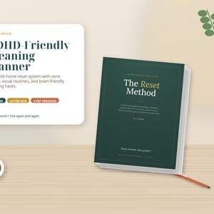 May include: A dark green planner titled The Reset Method with white text, accompanied by a white informational card labeled ADHD-Friendly Cleaning Planner. The card lists 14 pages, letter size, and 2 PDF versions. A brown pencil lies nearby.