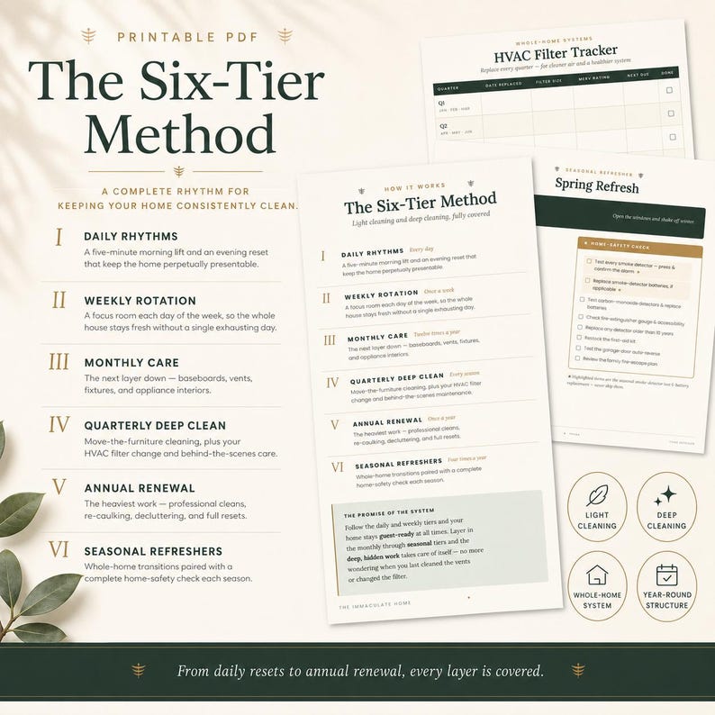 May include: A printable PDF document titled The Six-Tier Method, outlining a home cleaning system with six categories: Daily Rhythms, Weekly Rotation, Monthly Care, Quarterly Deep Clean, Annual Renewal, and Seasonal Refreshers, including an HVAC tracker.