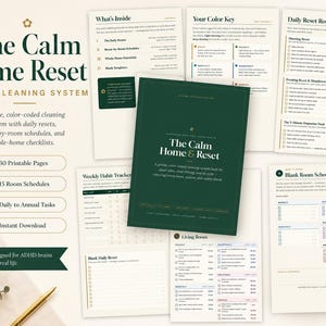 Peut inclure: Une collection de pages imprimables intitulée The Calm Home Reset ADHD Cleaning System, comprenant une page de couverture vert foncé, des routines de réinitialisation quotidienne, des suivis d'habitudes et des listes de contrôle.