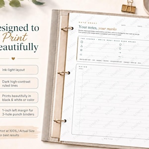 May include: A white note sheet with a 1-inch left margin for 3-hole punch binders, featuring a legend section for custom symbols and a lined notes area. The text includes 'NOTE SHEET', 'Your notes, your marks', and 'THE LEGEND - WRITE WHAT EACH MARK MEANS'.
