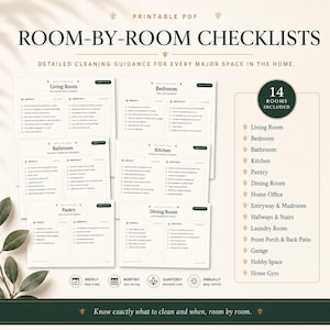 May include: A printable PDF set of room-by-room cleaning checklists featuring 14 distinct spaces including the living room, bedroom, bathroom, kitchen, pantry, dining room, home office, entryway, mudroom, hallways, stairs, laundry room, porch, patio, garage, hobby space, and home gym.