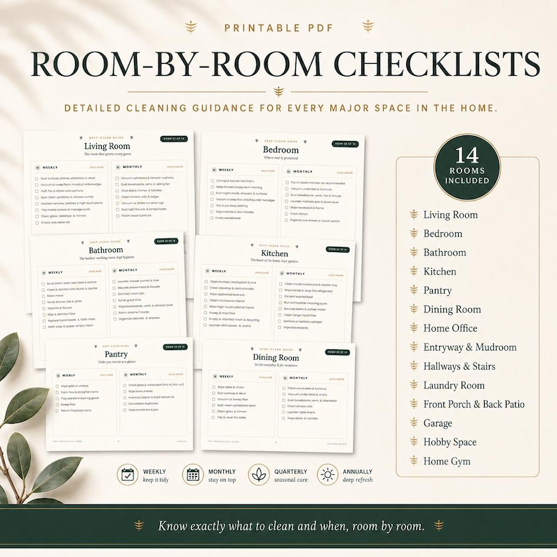 May include: A printable PDF set of room-by-room cleaning checklists featuring 14 distinct spaces including the living room, bedroom, bathroom, kitchen, pantry, dining room, home office, entryway, mudroom, hallways, stairs, laundry room, porch, patio, garage, hobby space, and home gym.