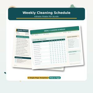 May include: A weekly cleaning schedule bundle featuring two editable fillable PDF templates. The documents include sections for everyday tasks, monthly reminders, and notes, with a dark green, cream, and gold color scheme and clear text.
