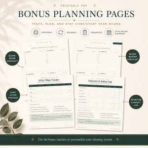 May include: A set of printable PDF planning pages featuring a blank room checklist, a blank master checklist, an HVAC filter tracker, and a detector and safety log. The documents include organized sections for weekly, monthly, quarterly, and annual tasks.