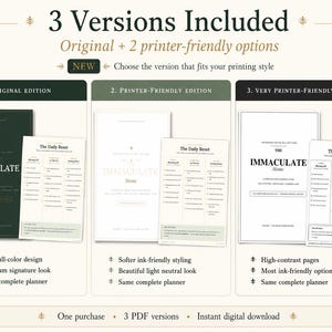 May include: A digital planner set titled The Immaculate Home, featuring three versions: an original edition with a dark green cover, a printer-friendly edition with light styling, and a very printer-friendly edition with high-contrast black and white pages.