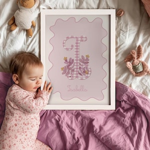 Inicial nombre CUADRO VICHY / Decoración habitación bebé / Habitación infantil / Ilustración niños / Regalo Bebe / Regalo nacimiento.