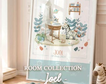 Kids Watercolor Print | Personalized Nursery Wall Art with animals | Joel’s Room – Room Collection