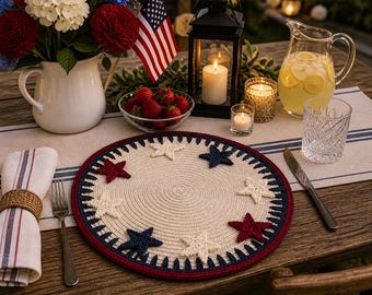 Handmade Crochet Patriotic Placemat – Star Design, Indoor/Outdoor Table Decor