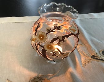 Glass Candle Holder with Embroidered Floral Motifs & Decorative Stones