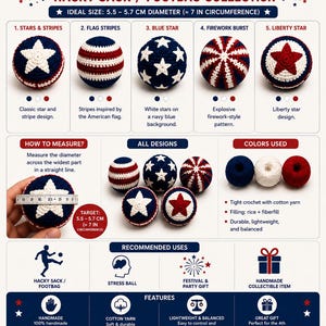May include: A collection of handmade hacky sacks/footbags with patriotic designs. Each ball features a unique pattern, including stars, stripes, and firework-inspired motifs. The diameter is 5.5-5.7 cm (approximately 2.17-2.24 inches).
