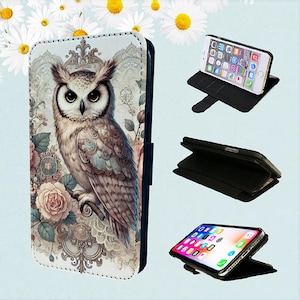 Arte animal con búho adornado: funda tipo billetera para iPhone, modelo folio, pájaro