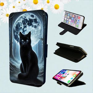 Funda tipo cartera para iPhone con diseño de gato negro, bruja, luna y bosque
