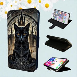 Funda tipo cartera para iPhone con diseño de gato negro y bruja en la iglesia gótica