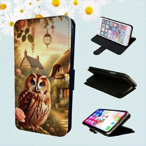Funda tipo billetera para iPhone con diseño de búho y aves, diseño de Cottagecore
