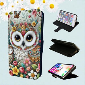 Lindo búho floral: funda tipo billetera para iPhone, modelos tipo folio, pájaros, animales y flores