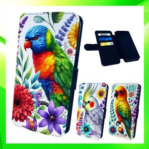 Estuche tipo billetera para iPhone con diseño de pájaros, periquitos, loros y conure
