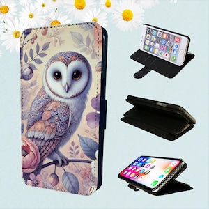 Estuche tipo billetera para iPhone con diseño de búho adornado con flores, funda tipo folio, animales y pájaros