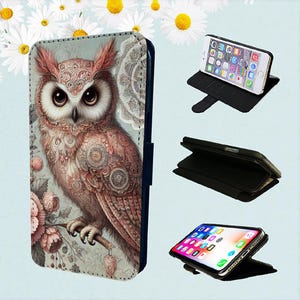 Funda tipo billetera para iPhone con diseño de búhos antiguos y pájaros ornamentados - Funda tipo folio con animales