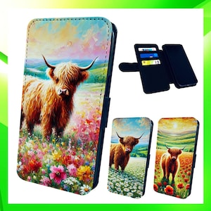 Funda tipo cartera para iPhone con diseño de vacas de las tierras altas y flores de acuarela