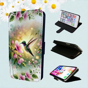 Bonita funda tipo billetera con diseño de colibrí y flores para iPhone