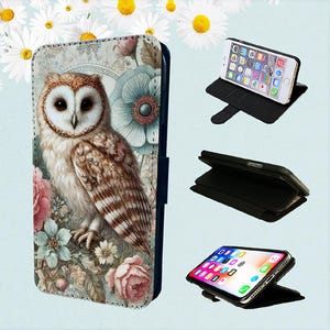 Funda tipo billetera para iPhone con diseño de búho, pájaro y flores