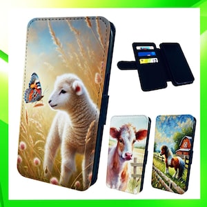 Cute Farm Animals - Wallet Phone Case For iPhone Models Folio Cover - Cow Sheep Pony Chicken Duck