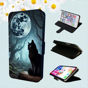 Funda tipo cartera para iPhone con diseño de gato negro, bruja, luna y gótico