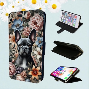 Estuche tipo billetera para iPhone con diseño de bulldog francés y flores, estilo shabby chic