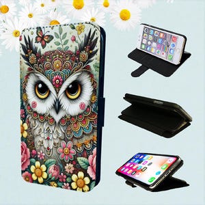 Estuche tipo billetera para iPhone con diseño floral de búho azteca colorido y pájaros y animales