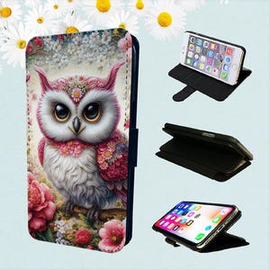Bonita funda tipo billetera con diseño de búho y flores adornadas para iPhone, modelos tipo folio, pájaros, animales y flores