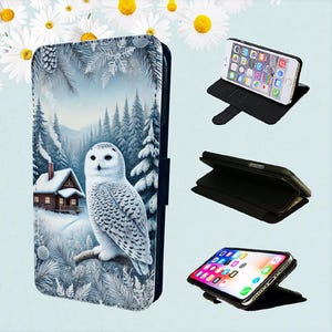 Bonito búho nival y cabaña: funda tipo billetera para iPhone, modelos tipo libro, pájaros y animales