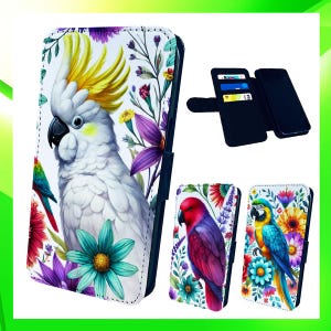 Estuche tipo billetera para iPhone con diseño de pájaros y loros