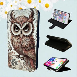 Funda tipo billetera para iPhone con diseño de búho y pájaro vintage