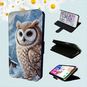 Hermoso búho en la nieve: funda tipo billetera para iPhone, modelos tipo folio, pájaros y animales